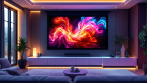 A photograph of a sleek motorized impact screen in a modern home theater setup