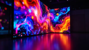 A photograph of a vibrant led display in a dimly lit environment