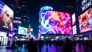 A photograph of a vibrant led display in a bustling urban setting at night