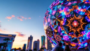 A photograph of the las vegas sphere from a close-up perspective