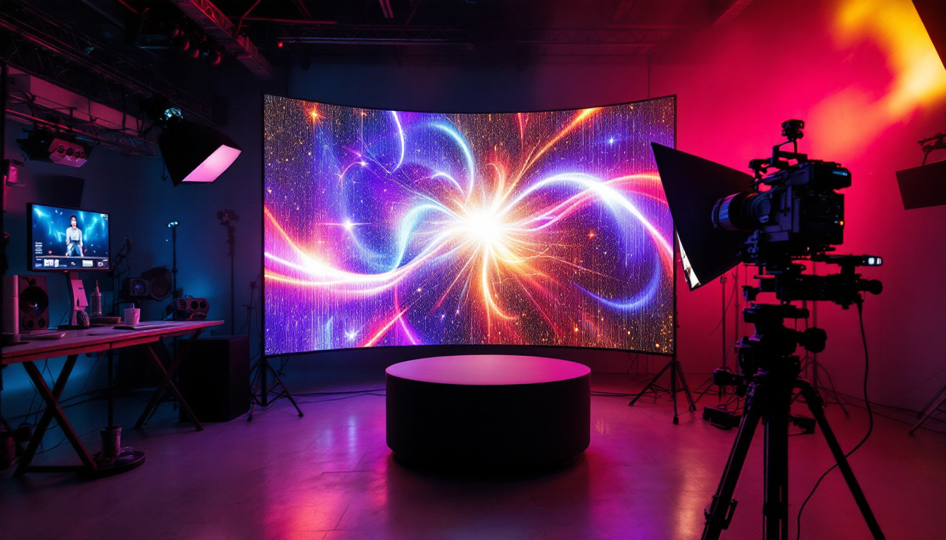 A photograph of capture a photograph of a vibrant led display setup in a studio environment