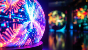 A photograph of a vibrant led display showcasing a visually striking graphic or animation within a spherical structure