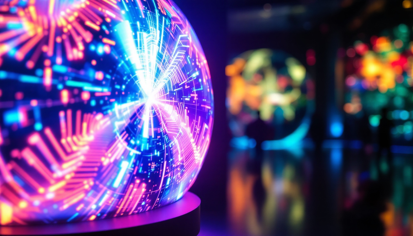 A photograph of a vibrant led display showcasing a visually striking graphic or animation within a spherical structure