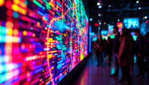 A photograph of a vibrant led display in a dynamic setting