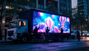 A photograph of a vibrant led billboard truck in action