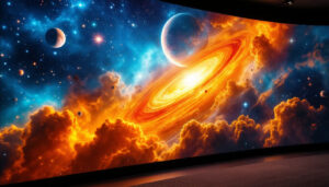 A photograph of a vibrant led display showcasing a stunning high-resolution space-themed wallpaper