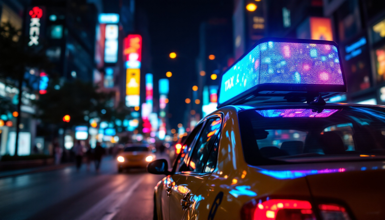 A photograph of a vibrant city street at night featuring a taxi with a brightly lit led display on its rooftop