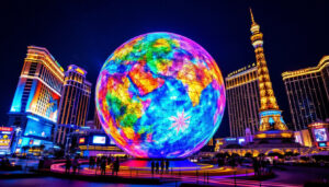 A photograph of the vibrant led display of the las vegas sphere at night