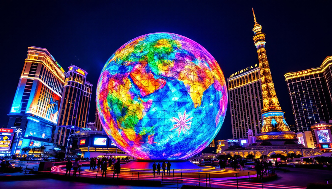 A photograph of the vibrant led display of the las vegas sphere at night