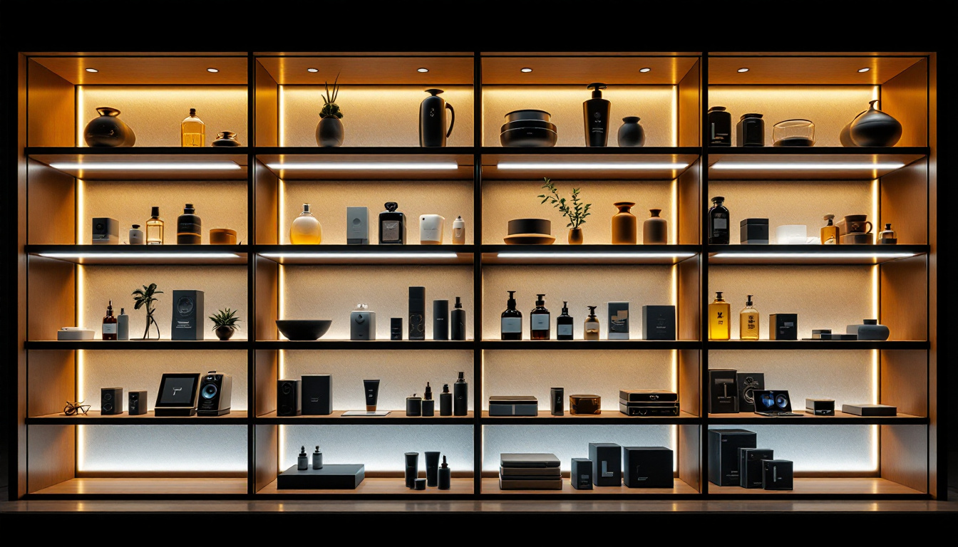 A photograph of a well-lit display shelving unit featuring various products artfully arranged