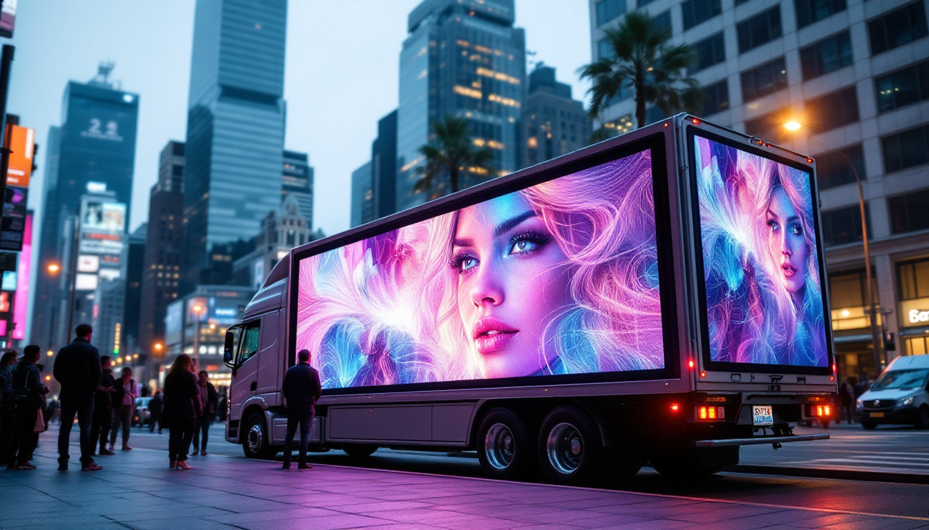 A photograph of a mobile digital billboard truck parked in an urban setting