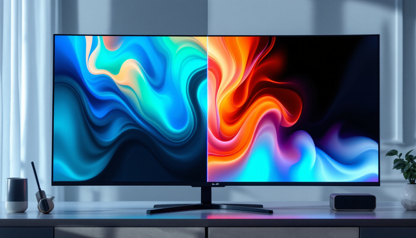 A photograph of a side-by-side comparison of an led display and an lcd screen