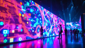 A photograph of capture a photograph of a vibrant led display in a dynamic setting