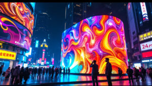 A photograph of a vibrant led display in a bustling shenzhen street