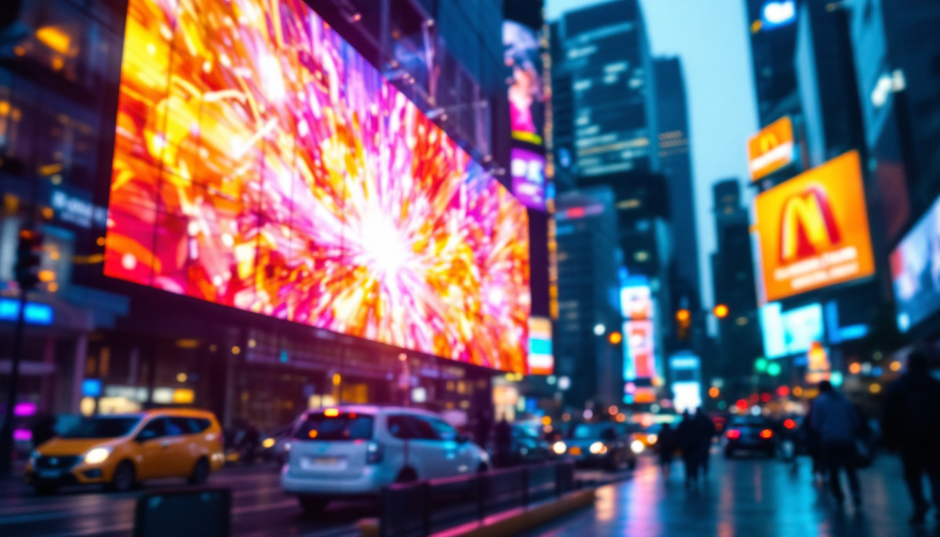 A photograph of capture a photograph of a vibrant led display in a bustling urban environment