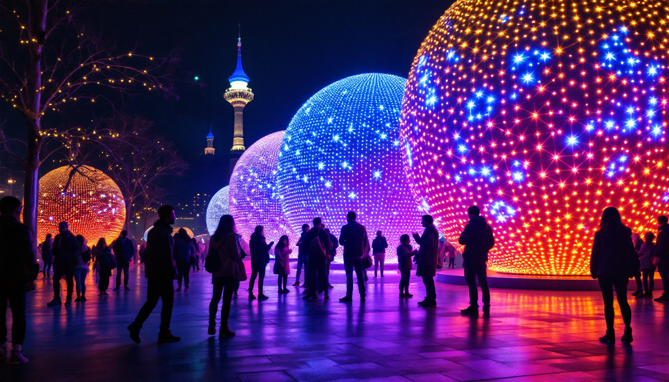 A photograph of a vibrant night scene featuring large illuminated balls displaying dynamic led patterns