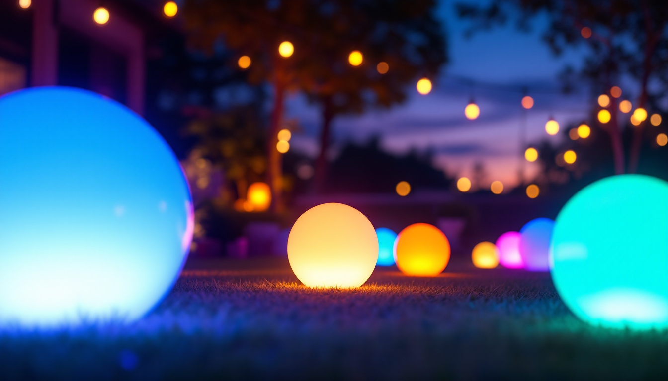A photograph of capture a photograph of a vibrant outdoor setting illuminated by colorful led sphere lights