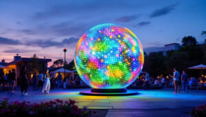A photograph of a vibrant outdoor led ball display at dusk