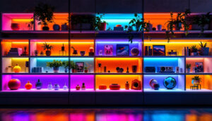 A photograph of a stylishly arranged lighted shelf with vibrant led displays showcasing various products or decorative items
