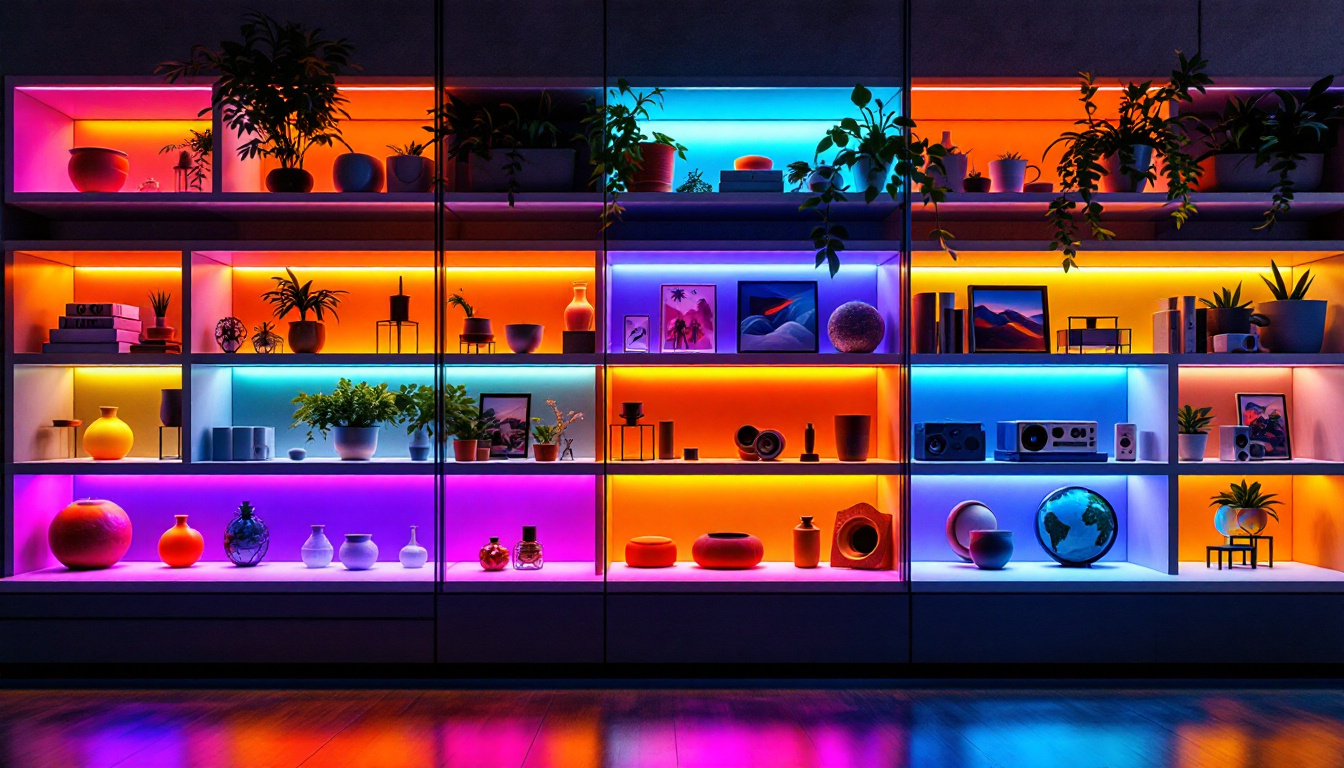 A photograph of a stylishly arranged lighted shelf with vibrant led displays showcasing various products or decorative items