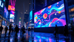 A photograph of a vibrant unilumin led display in an urban setting