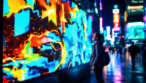 A photograph of a vibrant led display panel in a dynamic urban setting