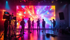 A photograph of capture a photograph of a vibrant led display in action during a volume filming setup