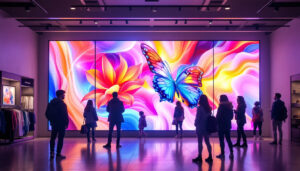A photograph of a vibrant retail environment showcasing a large led display
