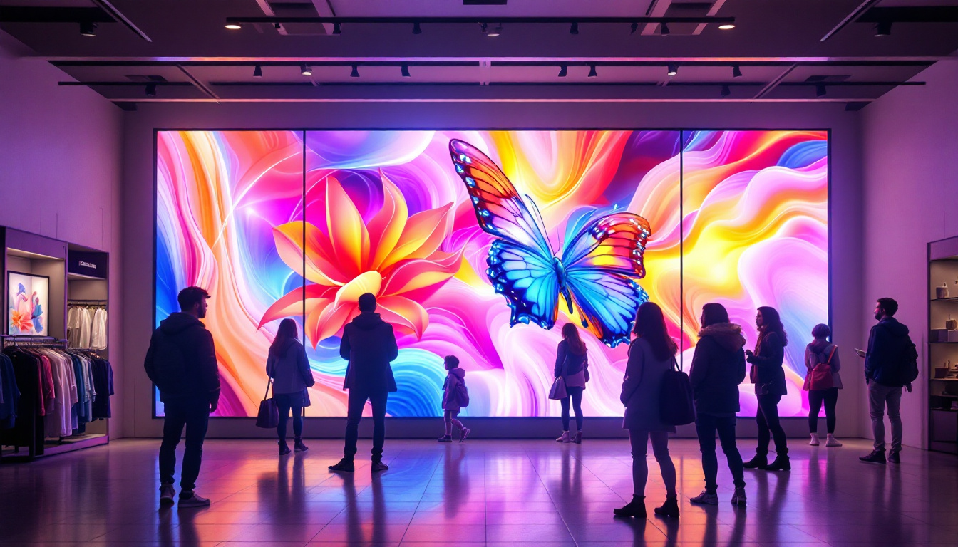 A photograph of a vibrant retail environment showcasing a large led display