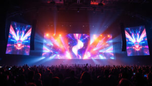 A photograph of capture a photograph of a vibrant concert scene featuring a large led wall displaying dynamic visuals