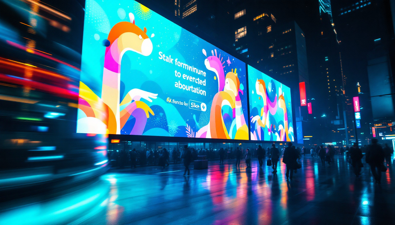 A photograph of a vibrant led display showcasing dynamic advertisements in an urban setting