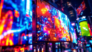 A photograph of a vibrant led display in an urban setting at night