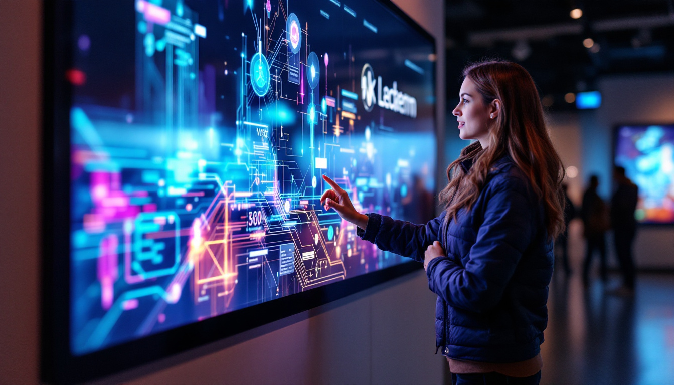 A photograph of a visitor engaging with the interactive touchscreen exhibit