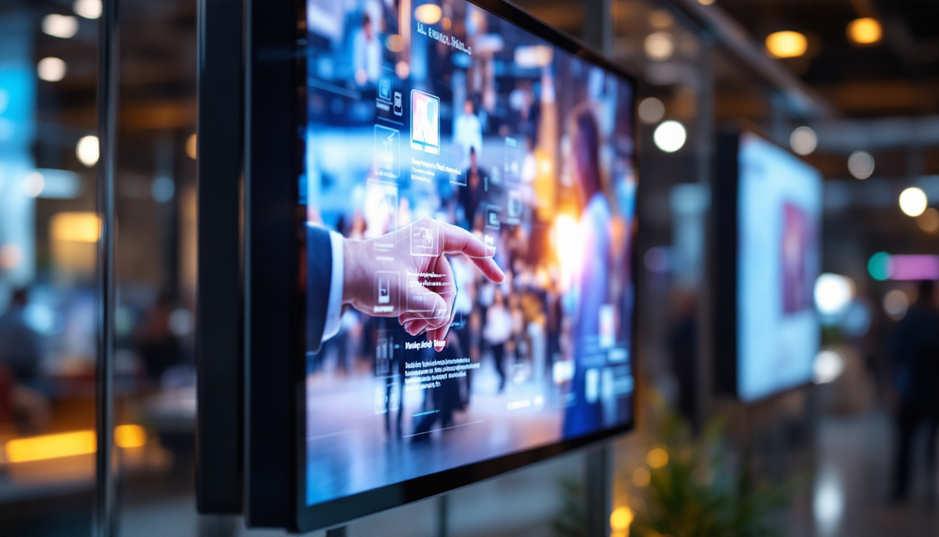 A photograph of a modern video display system featuring a vibrant led screen with a touch interface in use