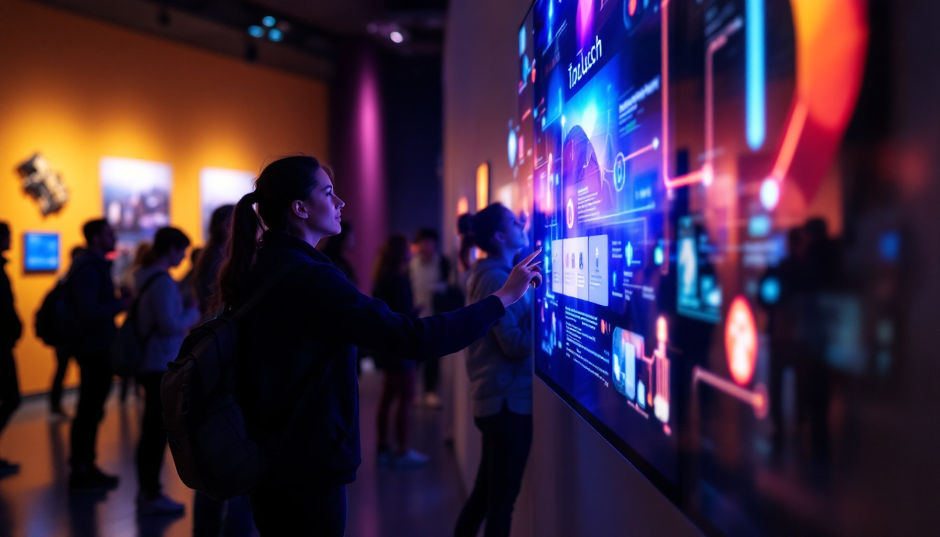 A photograph of capture a photograph of a vibrant led touch screen display in a museum setting