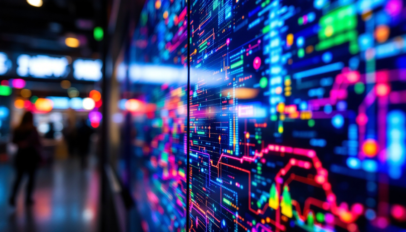 A photograph of a close-up shot of a vibrant led display screen in use