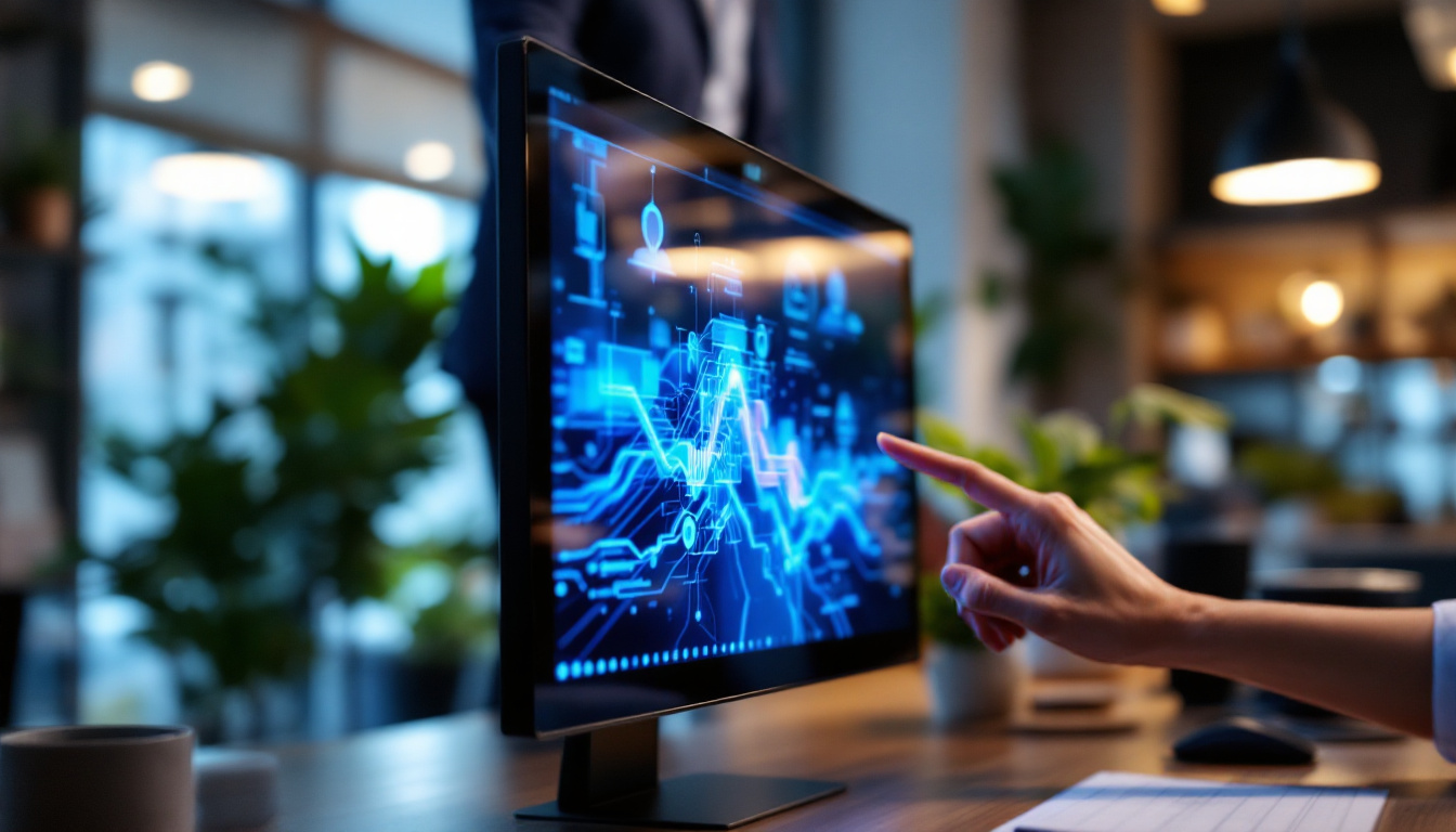 A photograph of a sleek touchscreen display monitor in a modern workspace
