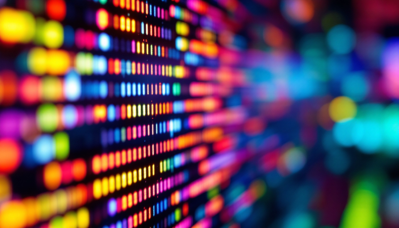 A photograph of a close-up of a vibrant led display showing a variety of colors and patterns