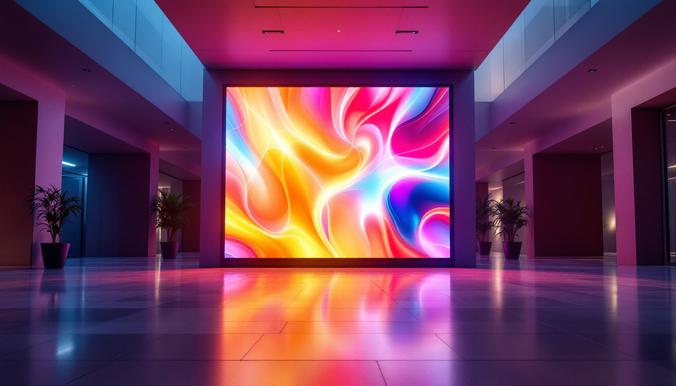 A photograph of a vibrant led display in an architectural setting