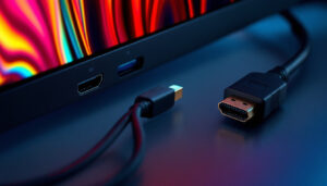 A photograph of capture a photograph of a side-by-side comparison of a displayport and hdmi cable connected to an led display