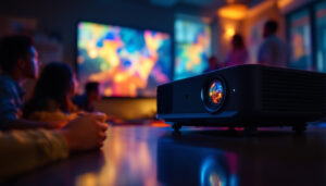 A photograph of a vibrant commercial projector in action