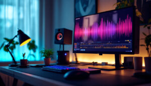 A photograph of a sleek pair of flat response studio monitors placed on a stylish desk setup