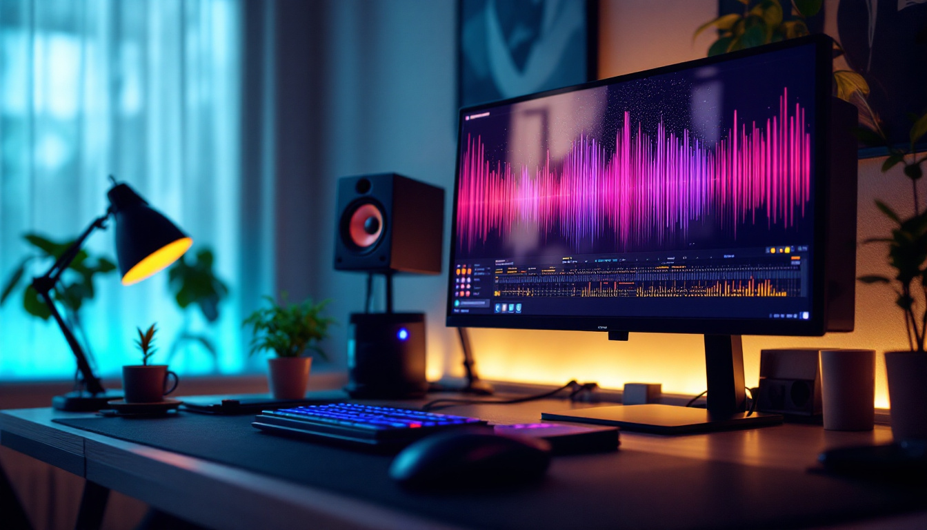 A photograph of a sleek pair of flat response studio monitors placed on a stylish desk setup