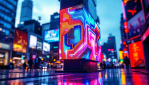 A photograph of a vibrant led display in a dynamic urban setting