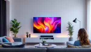 A photograph of a modern living room setup featuring a large led tv displaying vibrant colors
