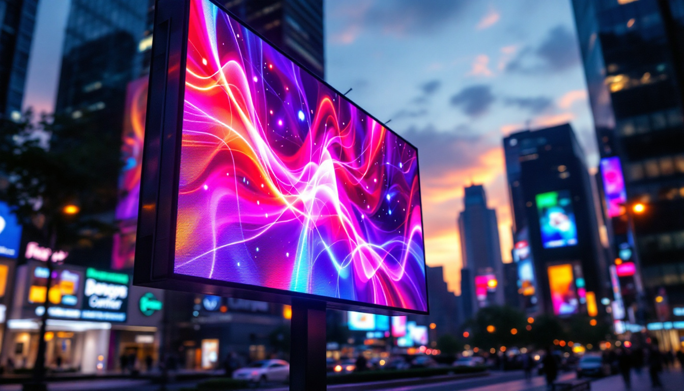 A photograph of a vibrant led display in an urban setting at dusk