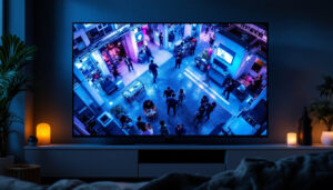 A photograph of a modern led tv displaying a clear and vibrant cctv feed