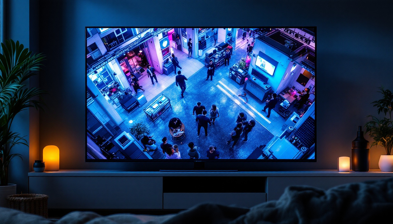 A photograph of a modern led tv displaying a clear and vibrant cctv feed