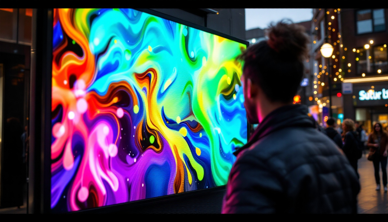 A photograph of capture a photograph of a vibrant led display in a bustling beaverton setting