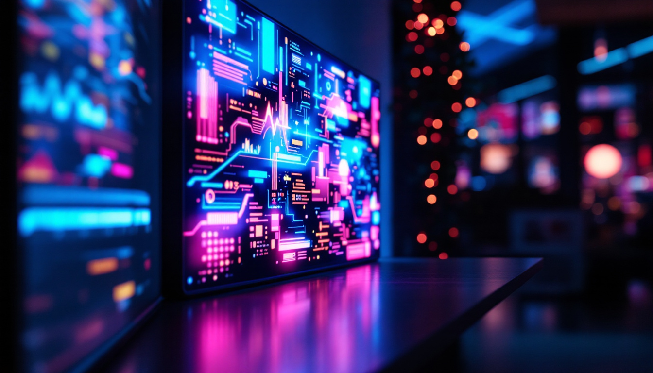 A photograph of a vibrant illuminated panel displaying dynamic led graphics in a dimly lit environment